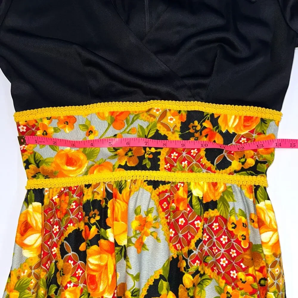 Vintage Julie Miller California 70s Long Sleeve Floral Black Orange Maxi Dress